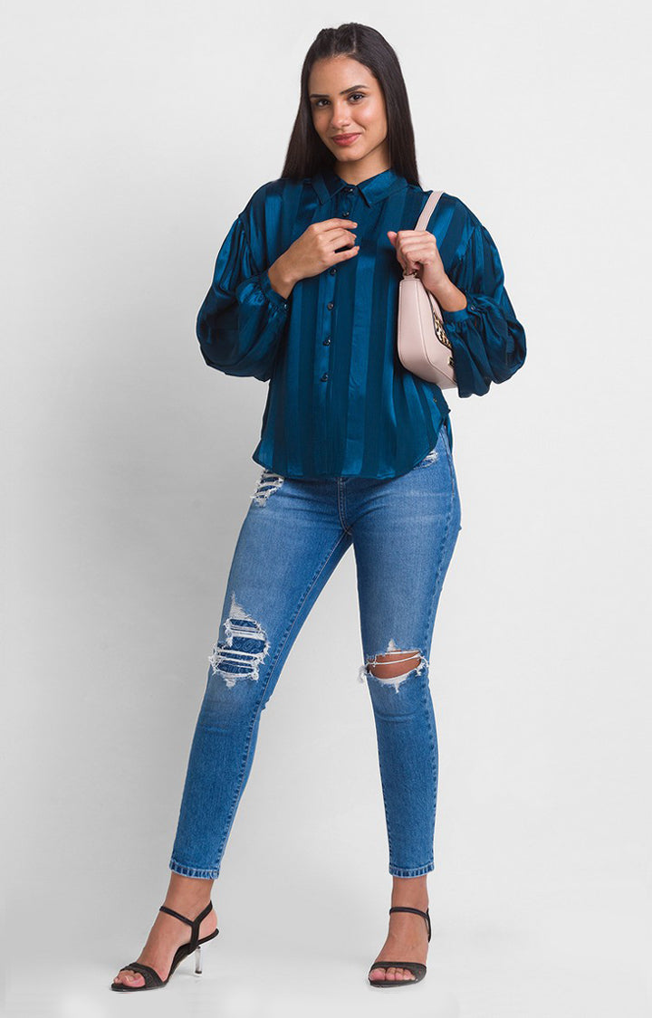 Spykar Teal Polyester Full Sleeve Stripes Shirt For Women