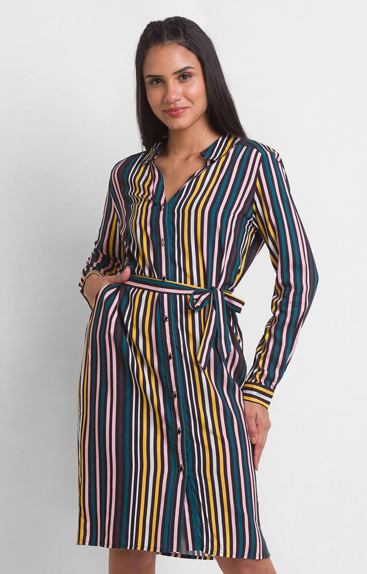 Spykar Teal Cotton Regular Fit Stripes Dress For Women