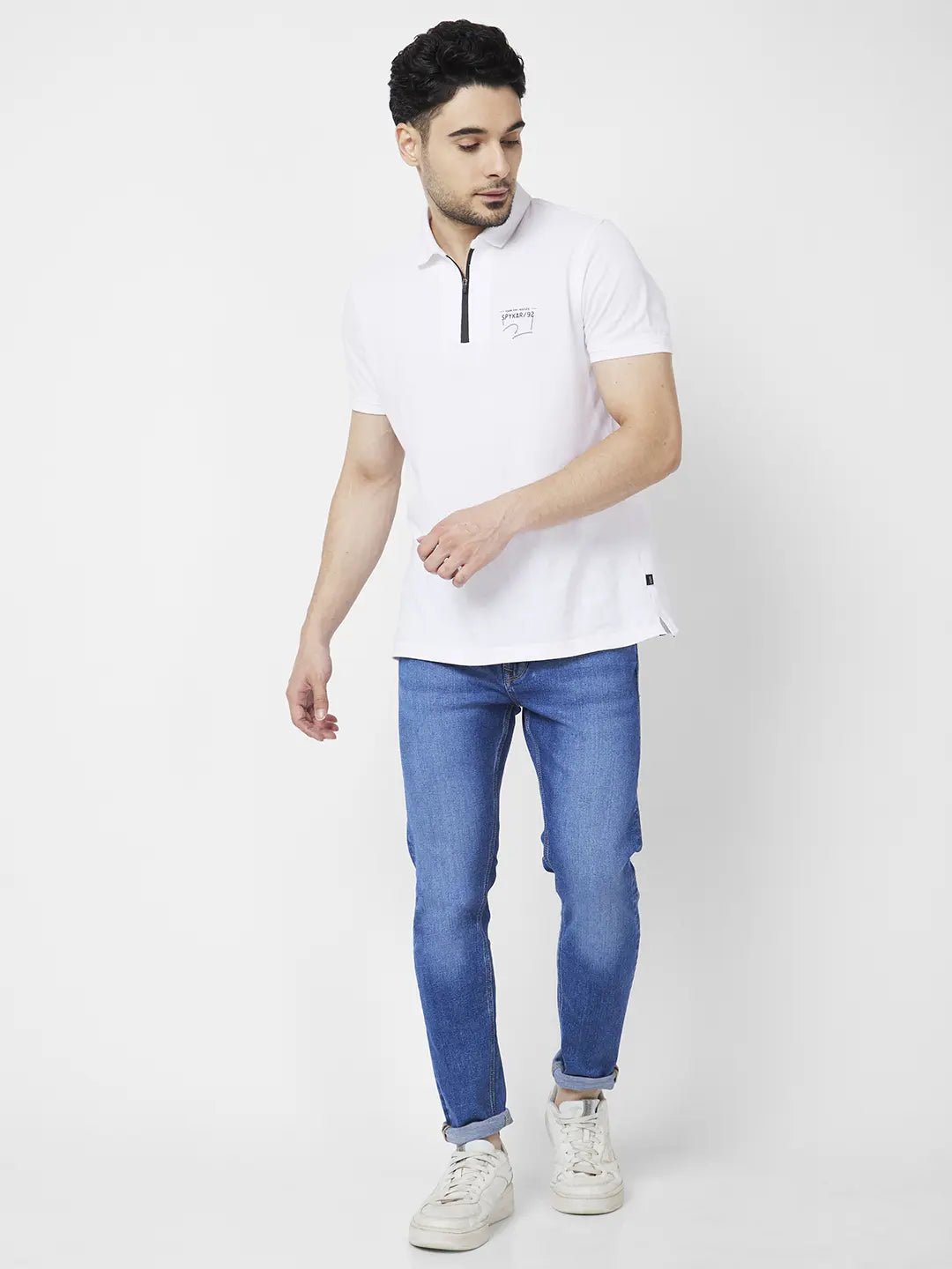 Spykar Men Mid Blue Cotton Stretch Super Slim Fit Tapered Length Clean Look Low Rise Jeans (Super Skinny)
