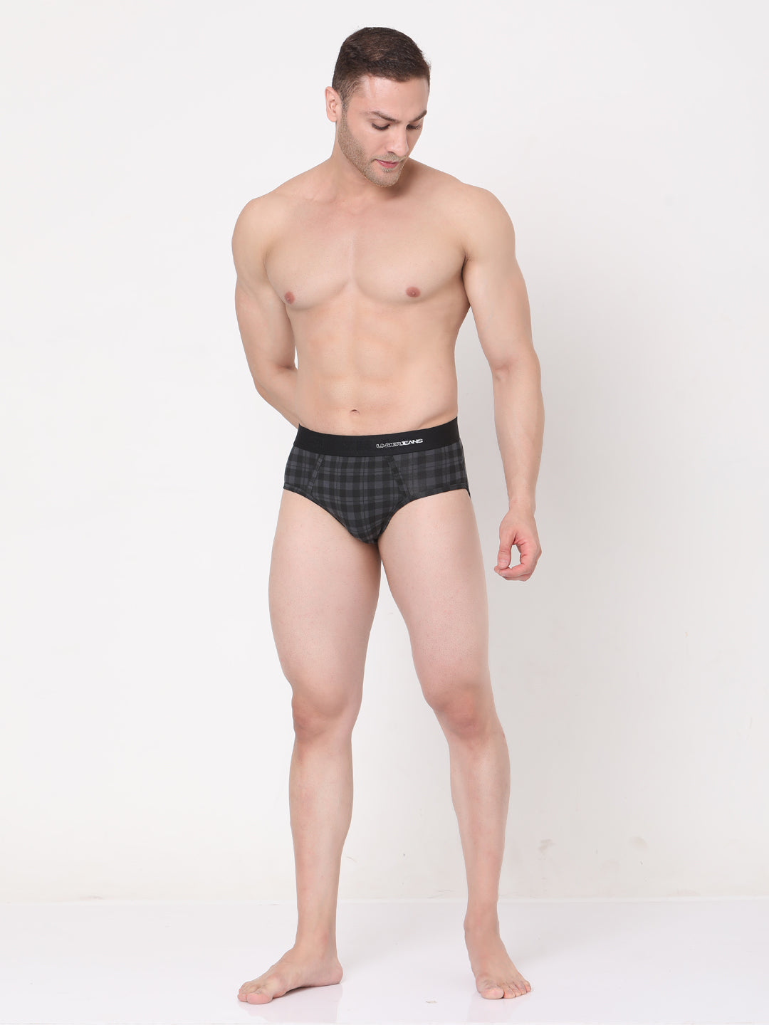 Men Cotton Blend Black-Check Brief- Underjeans By Spykar