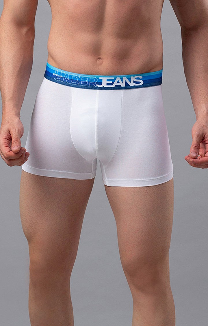 White-Blue Cotton Blend Trunk For Men - Underjeans By Spykar