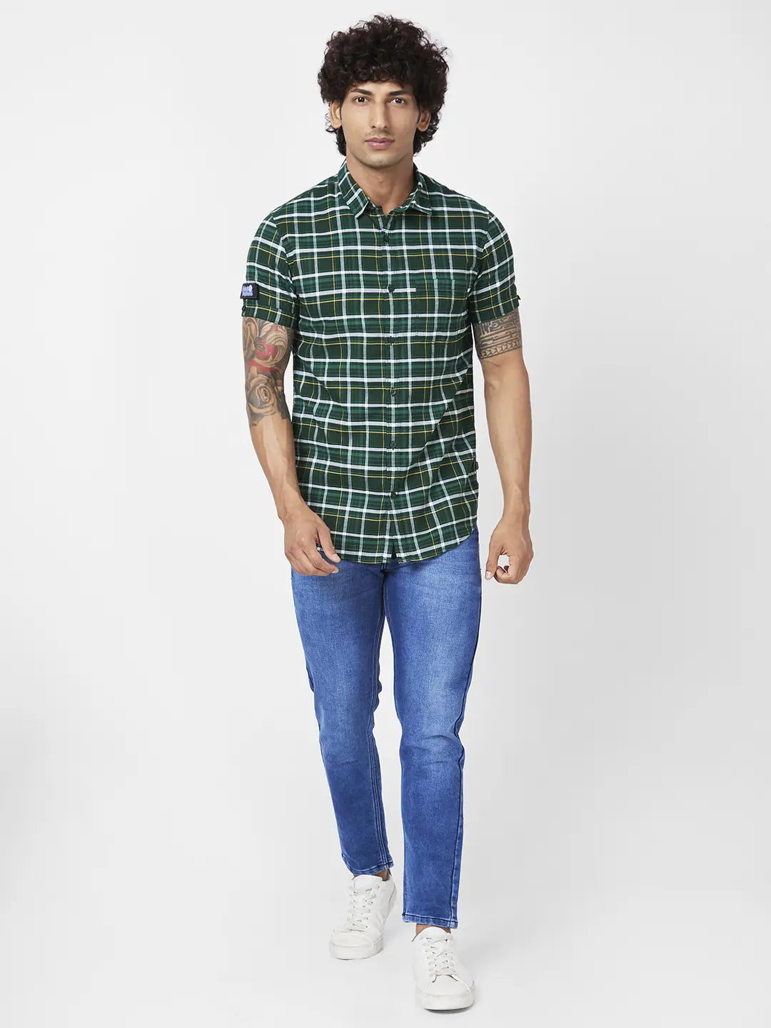 Spykar Men Dark Green Cotton Regular Slim Fit Half Sleeve Casual Checkered Shirt