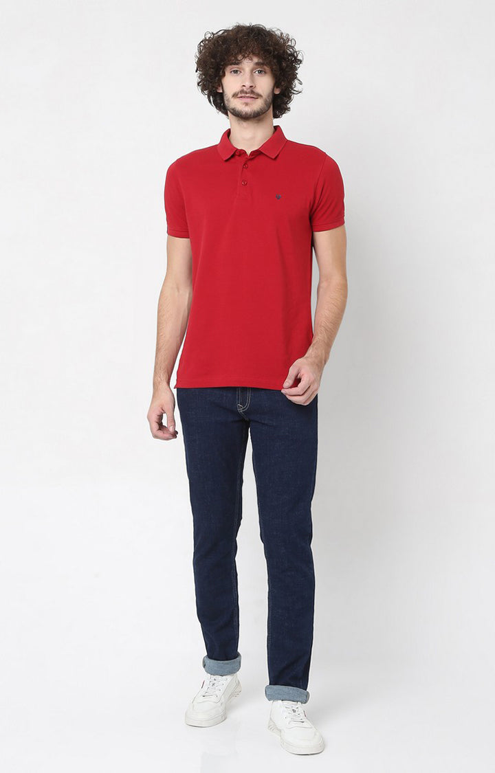 Men Red Cotton Regular Fit Polo T-Shirt - Underjeans By Spykar