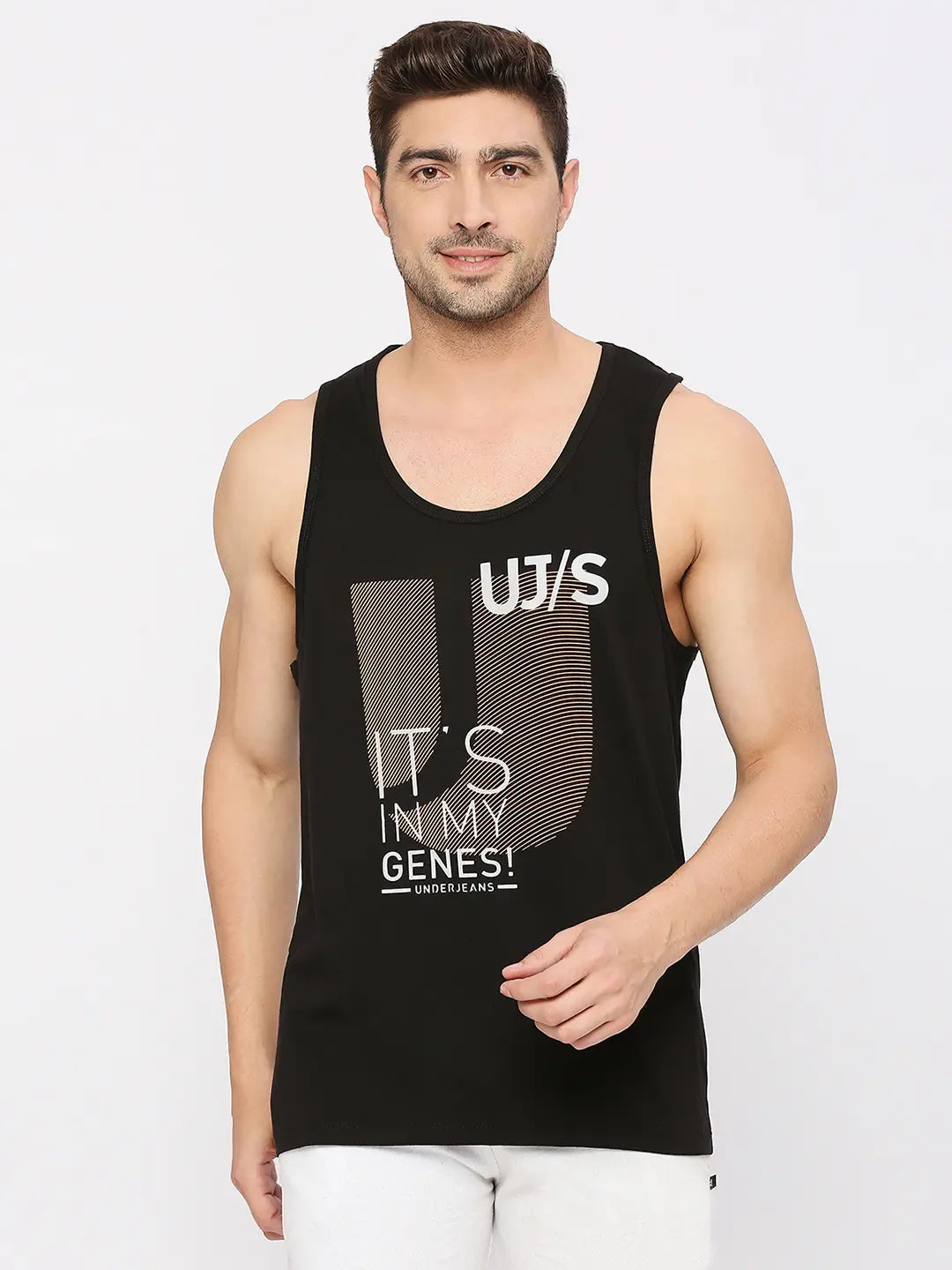 Men Fashion Black Muscle Vest- Underjeans By Spykar