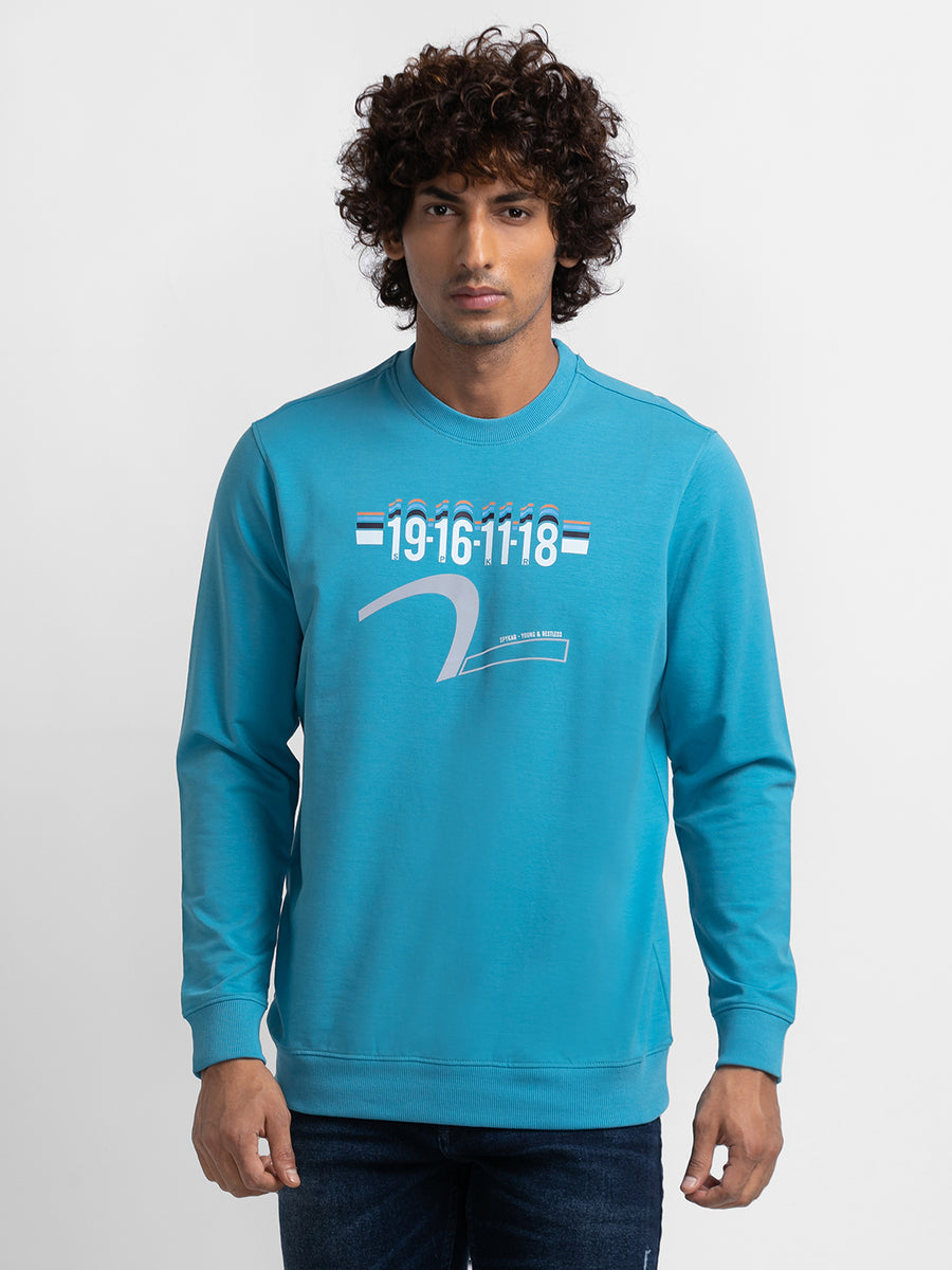 Spykar Cool Blue Cotton Full Sleeve Round Neck Sweatshirt For