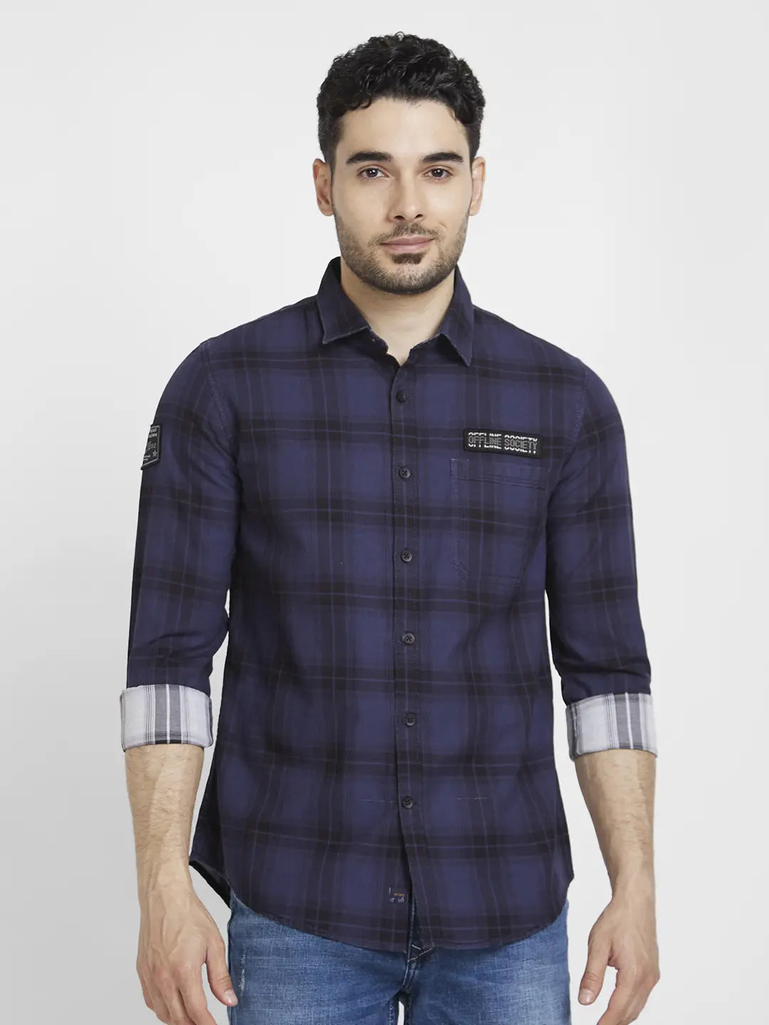 Spykar Men Indigo Blue Cotton Regular Slim Fit Full Sleeve Checkered Shirt