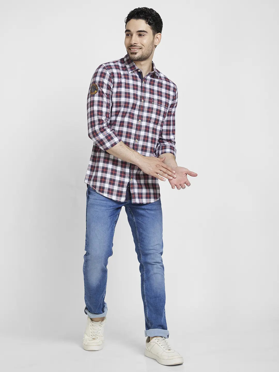 Spykar Men Brick Red Cotton Regular Slim Fit Full Sleeve Checkered Shirt