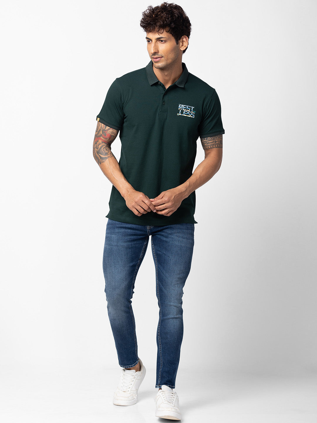 Spykar Men Bottle Green Cotton Regular Fit Half Sleeve Plain Polo T-Shirt
