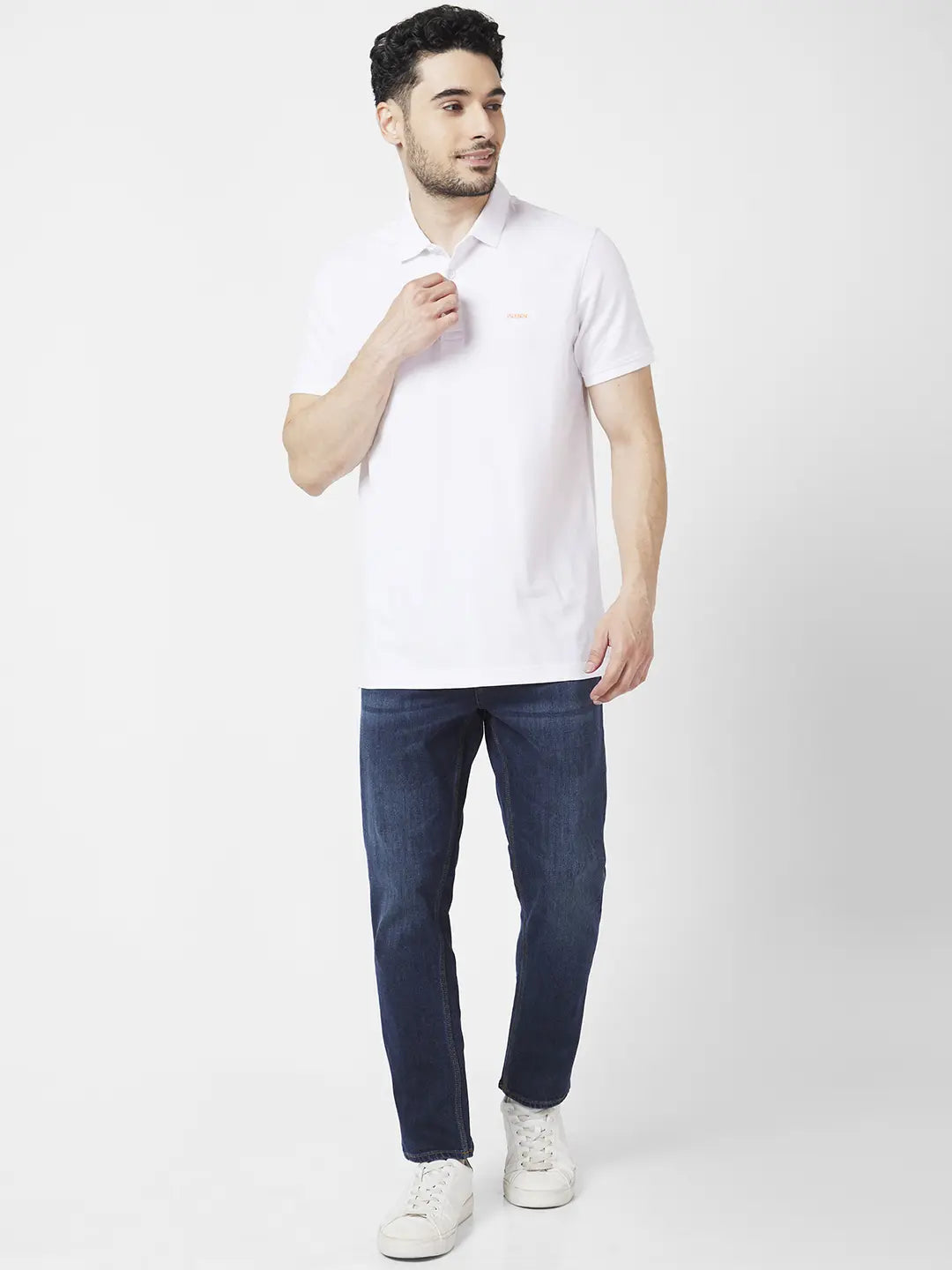 Spykar Men White Cotton Slim Fit Half Sleeve Polo Neck Plain Tshirt