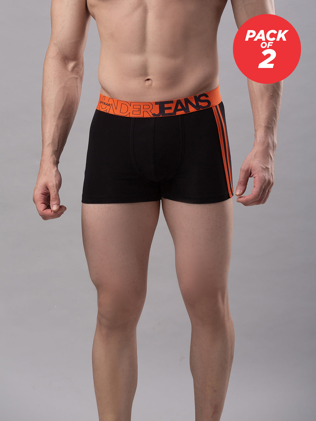 Men Cotton Blend Black-Orange Trunk - (Pack Of 2)- Underjeans By Spykar