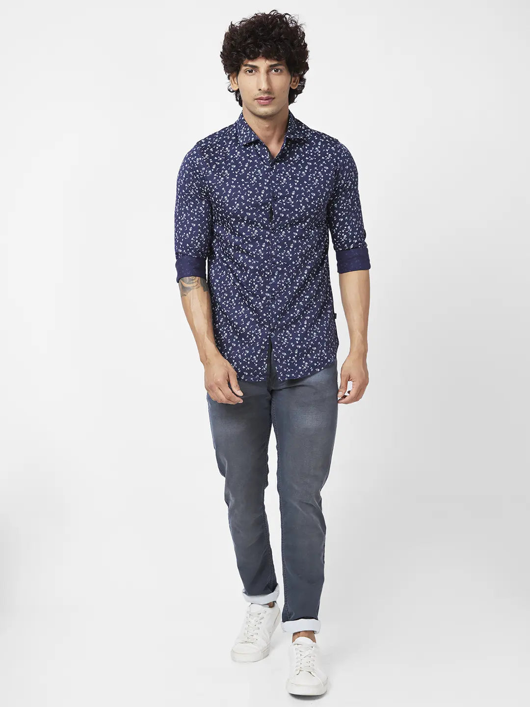 Spykar Men Navy Blue Satin Slim Fit Full Sleeve Causal Printed Shirt