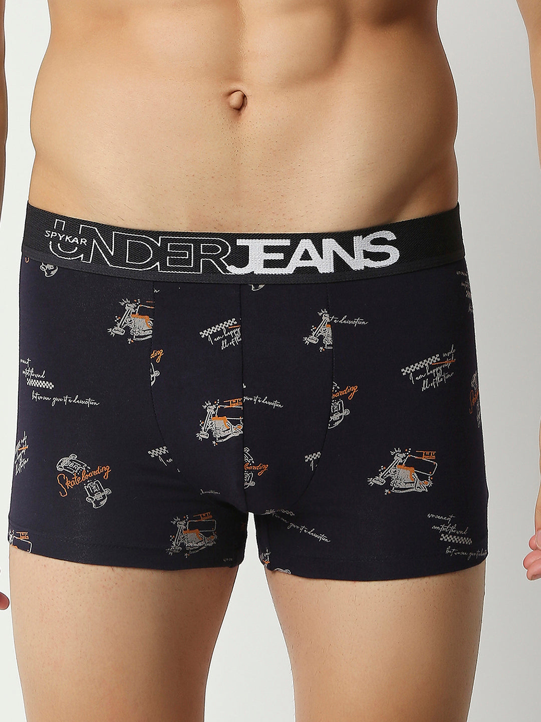 Men Navy Blue Cotton Blend Regular Fit Trunk - Underjeans By Spykar