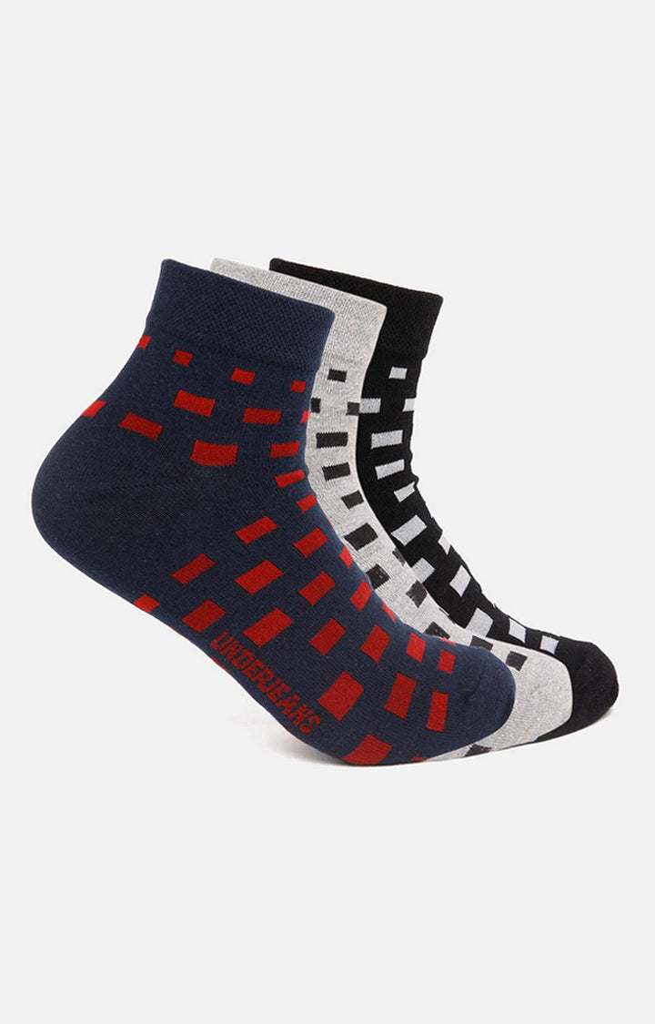 Men Black Grey Navy Ankle Length (Non Terry) (Pack Of 3) Socks - Underjeans By Spykar