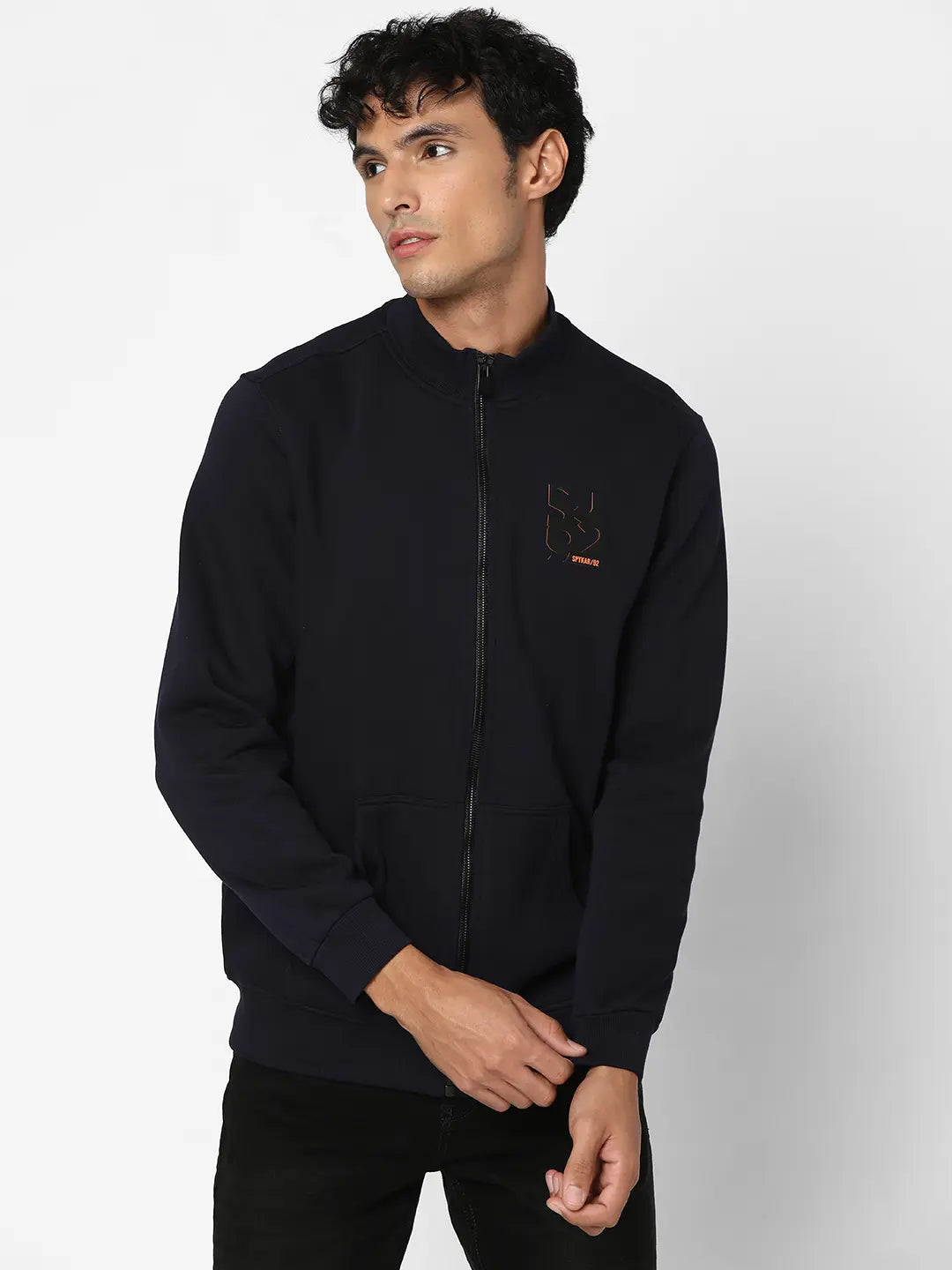 Spykar Men Navy Blue Blended Regular Fit Full Sleeve High Neck Printed Casual Sweatshirt