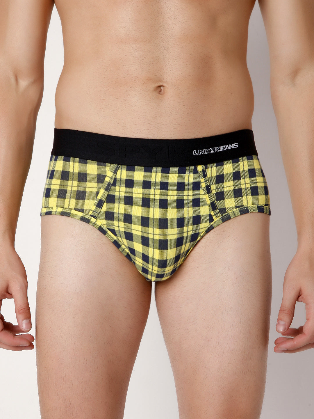 Men Yellow Check Cotton Blend Brief- Underjeans By Spykar