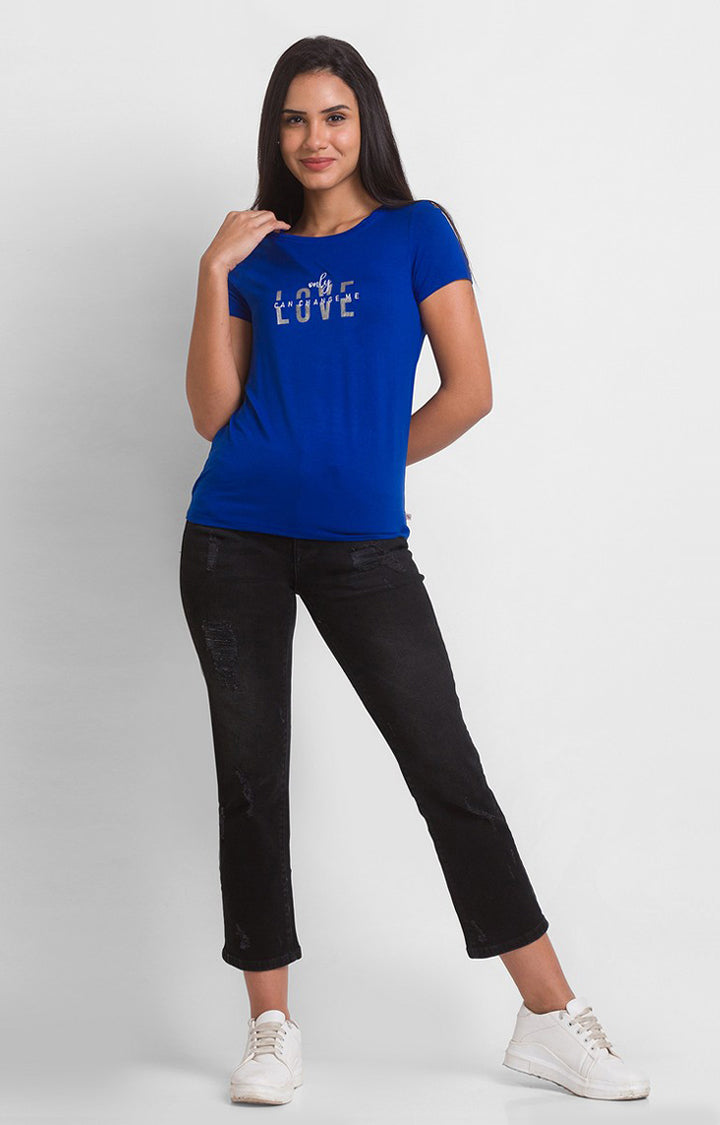 Spykar Marine Blue Blend Half Sleeve Printed Casual T-Shirts For Women