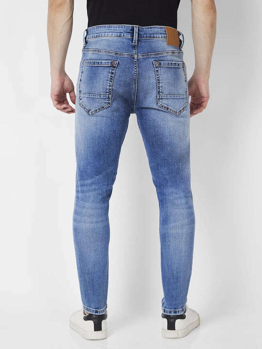 Shop Spykar Men Mid Blue Cotton Slim Fit Tapered Length Clean Look