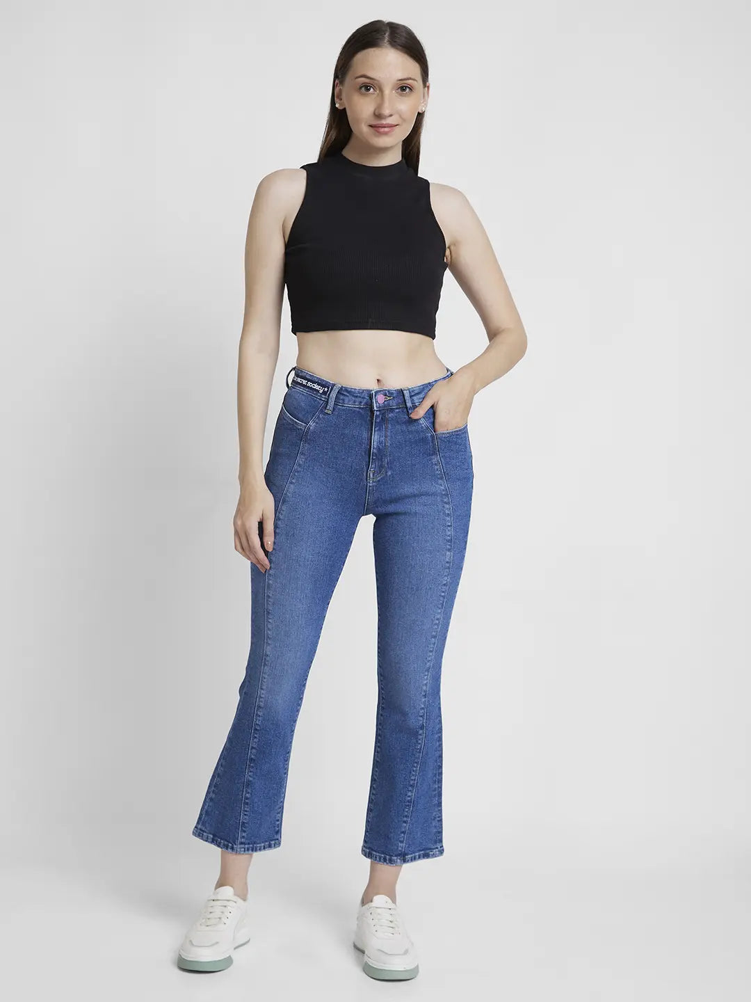 Spykar Women Mid Blue Lycra Bootcut Fit Ankle Length Clean Look Jeans -(Elissa)