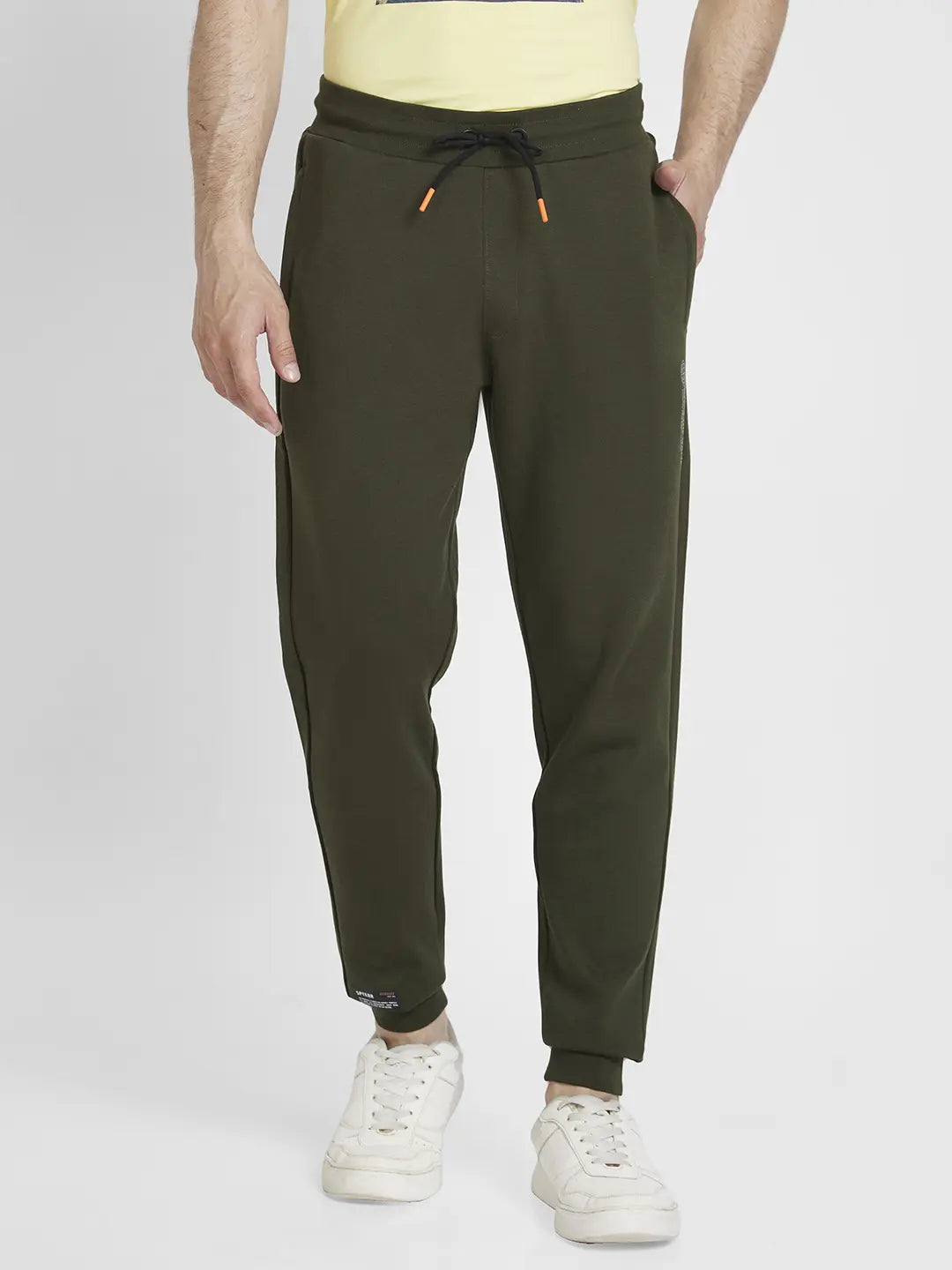 Spykar Men Olive Green Blended Regular Fit Plain Joggers Trackpant