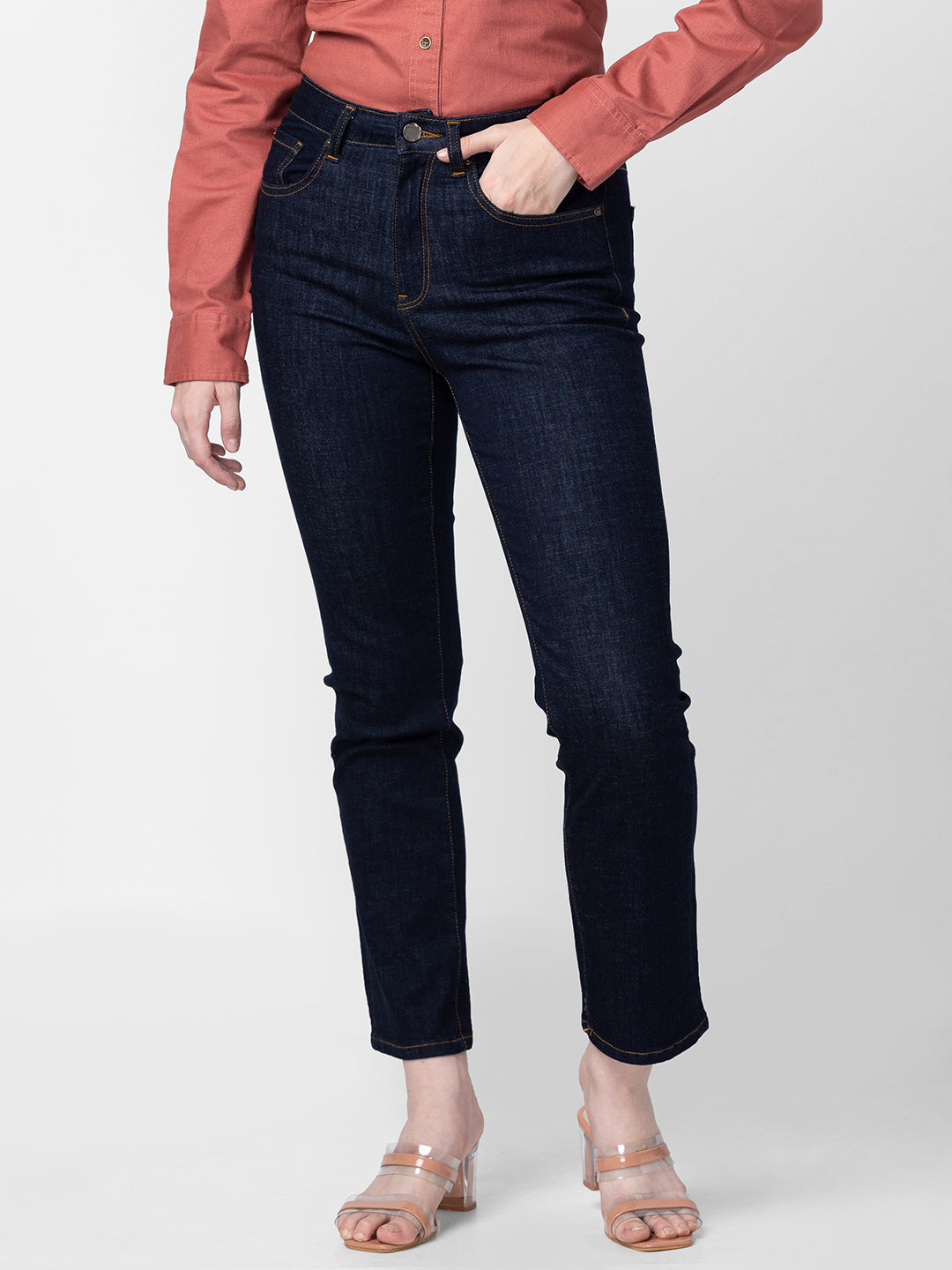 Spykar Women Raw Blue Cotton Slim Straight Fit Ankle Length Jeans (Emma)