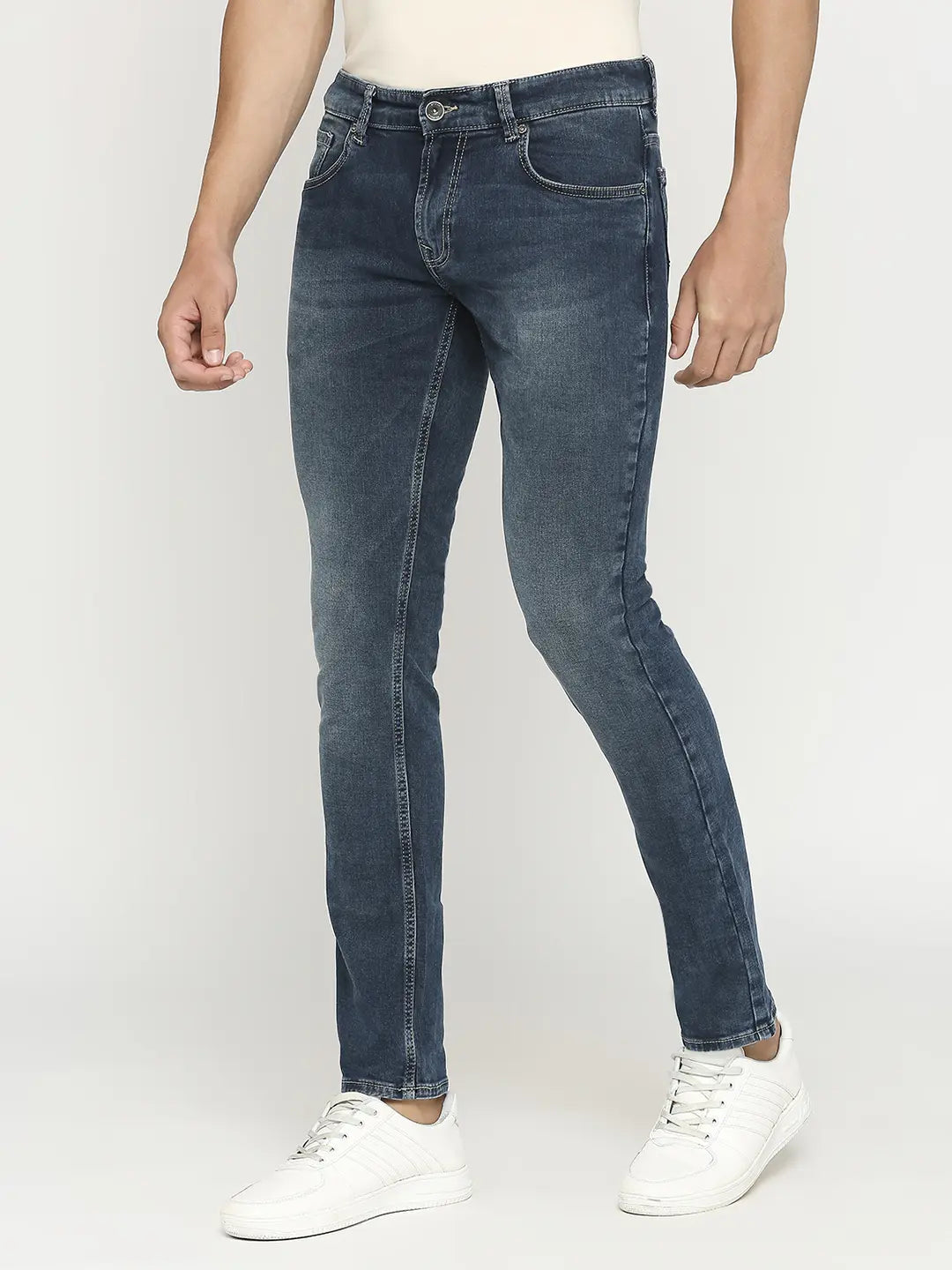 Spykar Men Dark Blue Cotton Slim Fit Narrow Length Clean Look Low Rise Jeans - (Skinny)