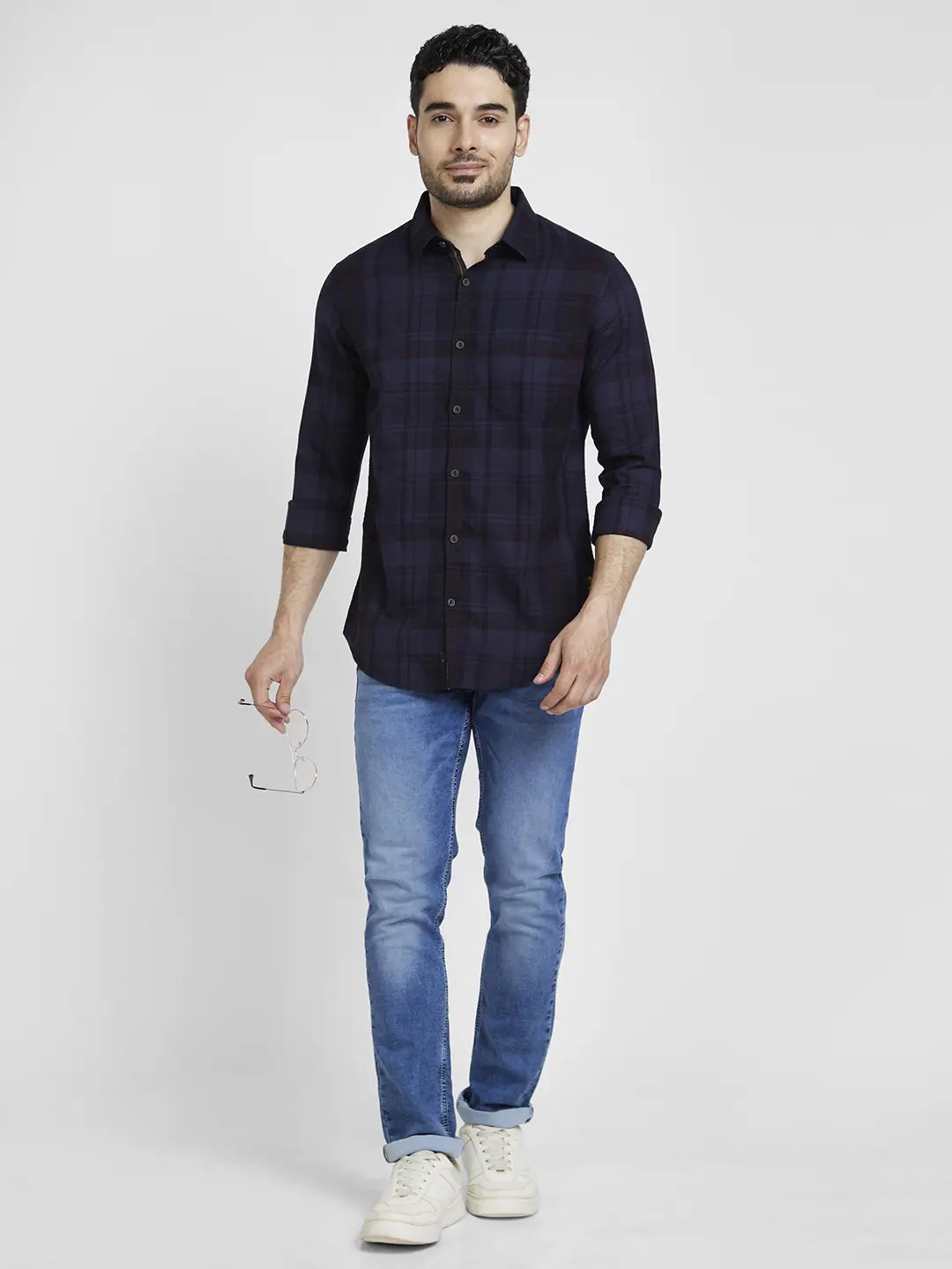 Spykar Men Indigo Blue Cotton Regular Slim Fit Full Sleeve Checkered Shirt