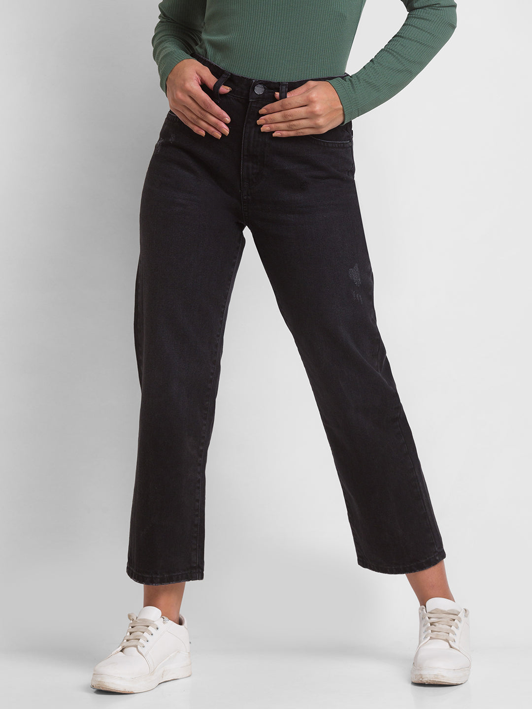 Spykar Black Cotton Straight Fit Regular Length Jeans For Women