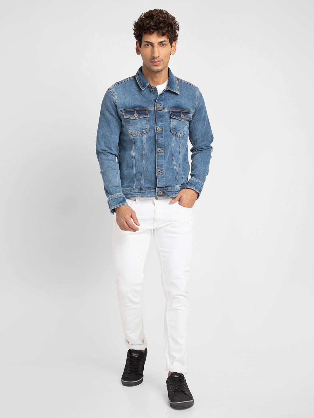 Spykar Men Mid Blue Cotton Slim Fit Denim Jacket