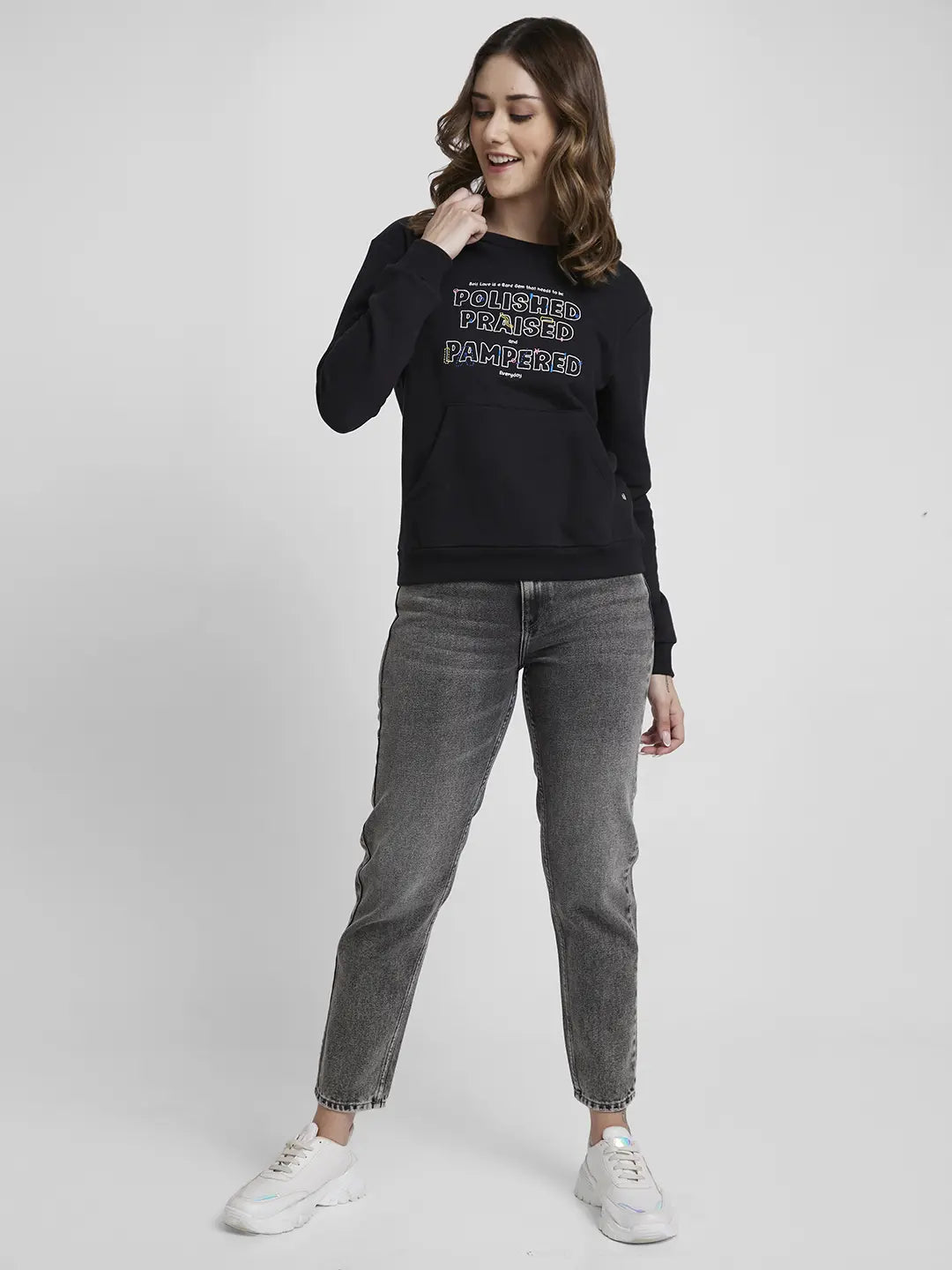 Spykar Women Black Blended Regular Fit Round Neck Printed Sweatshirt