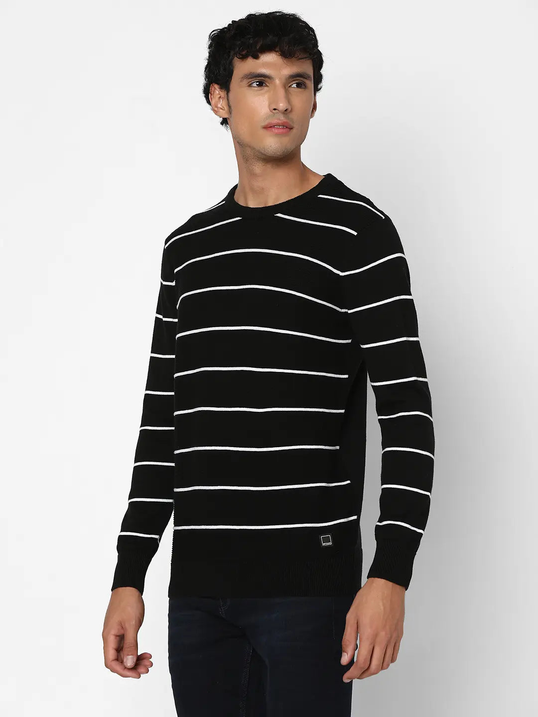Spykar Men Black Cotton Regular Fit Full Sleeve Round Neck Striped Sweater
