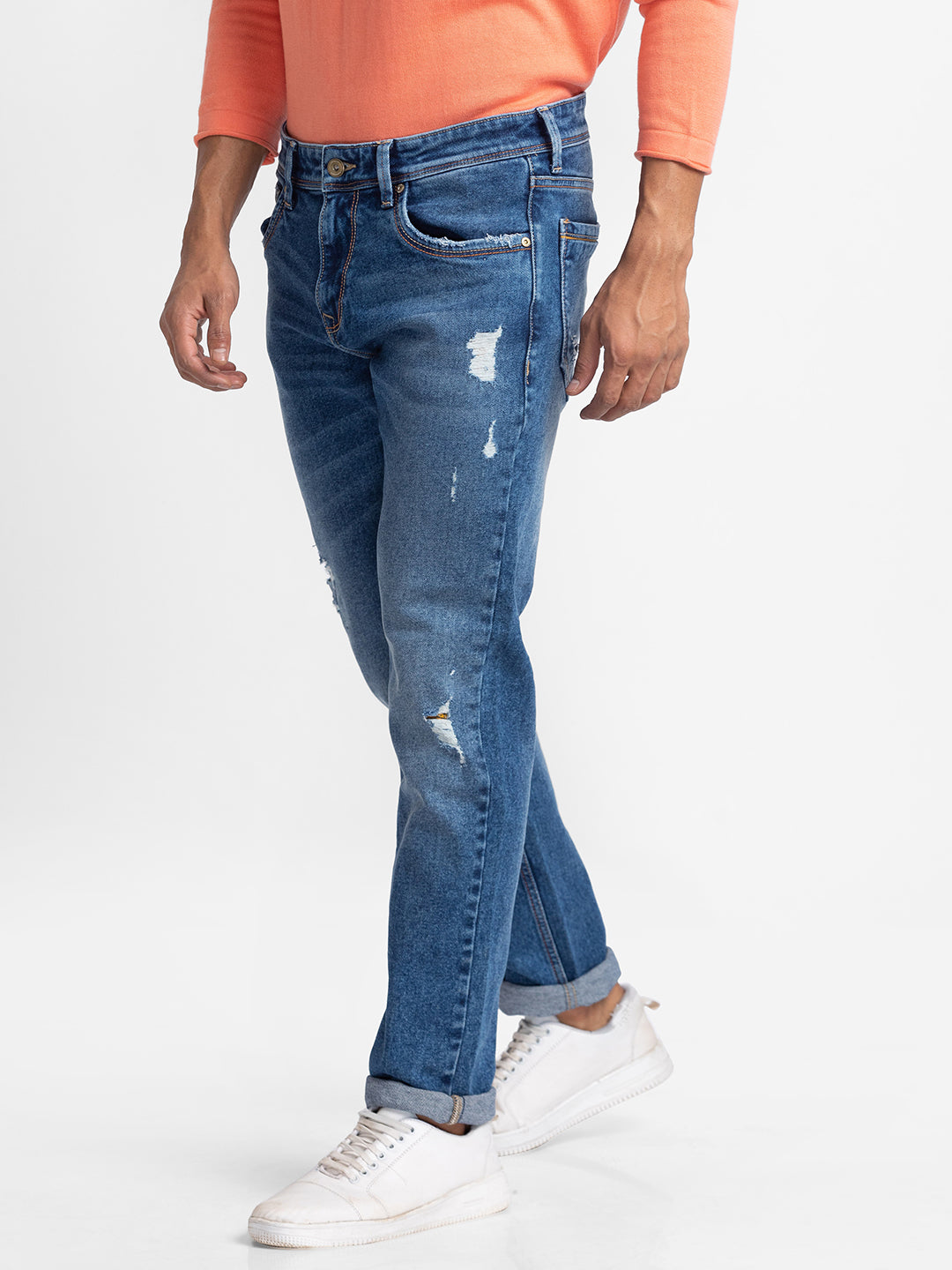 Spykar Mid Blue Cotton Comfort Fit Straight Length Jeans For Men (Ricardo)