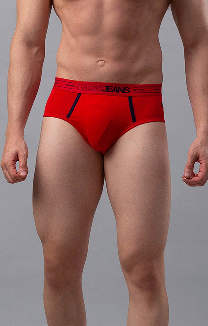 Red Cotton Blend Brief For Men - Underjeans By Spykar