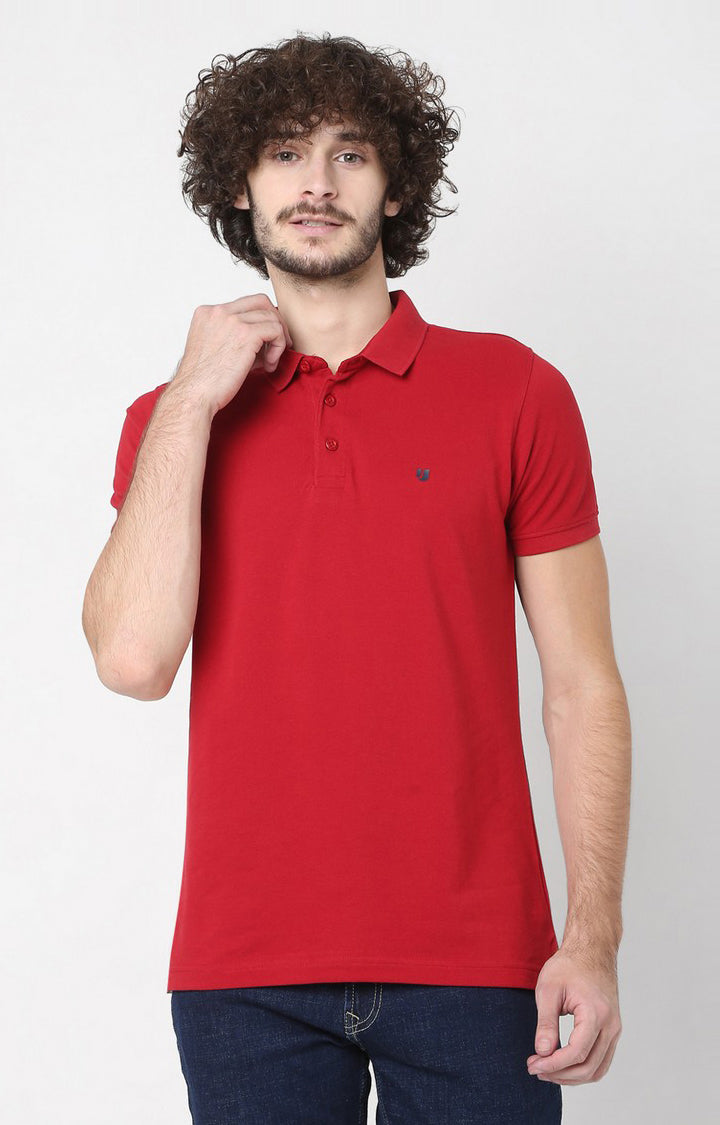 Men Red Cotton Regular Fit Polo T-Shirt - Underjeans By Spykar