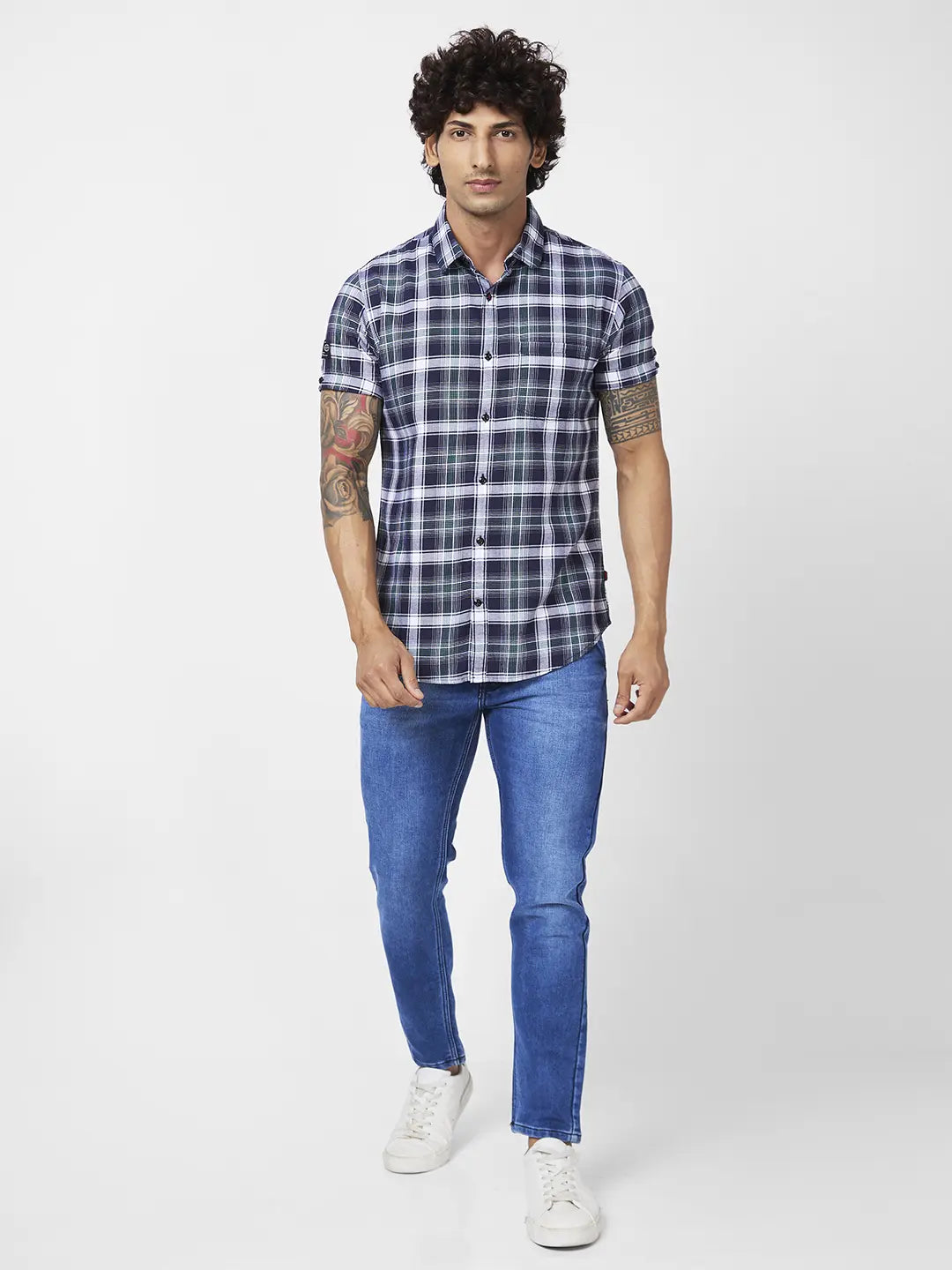 Spykar Men Navy Blue Cotton Regular Slim Fit Half Sleeve Casual Checkered Shirt