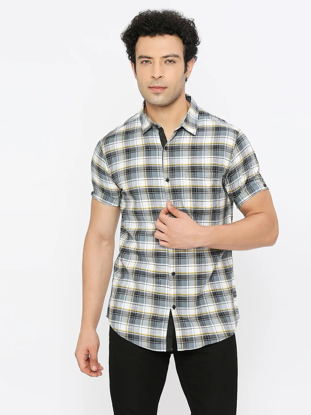 Spykar Men Grey Slub Slim Fit Half Sleeve Checkered Shirt