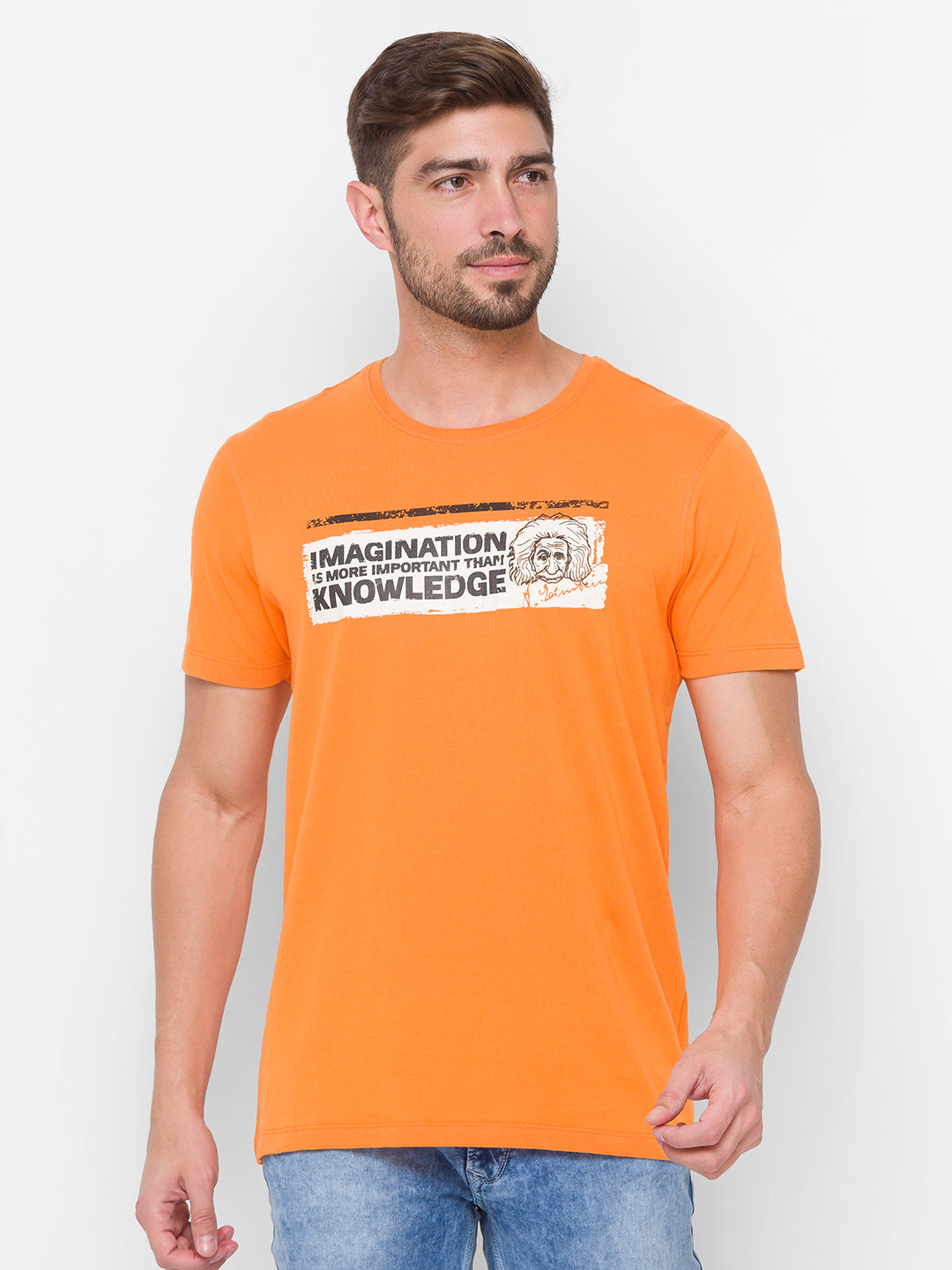 Albert Einstein Spykar Men Orange Cotton Slim Fit Round Neck T-Shirt