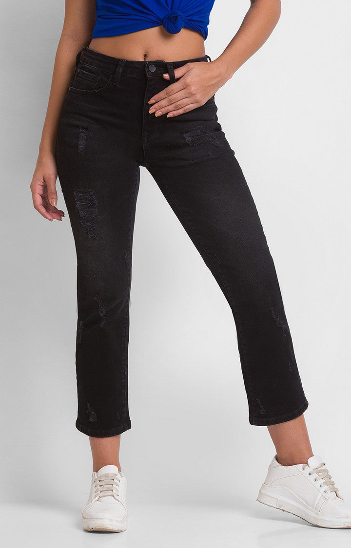 Spykar Black Cotton Slim Straight Fit Ankle Length Jeans For Women (Emma)
