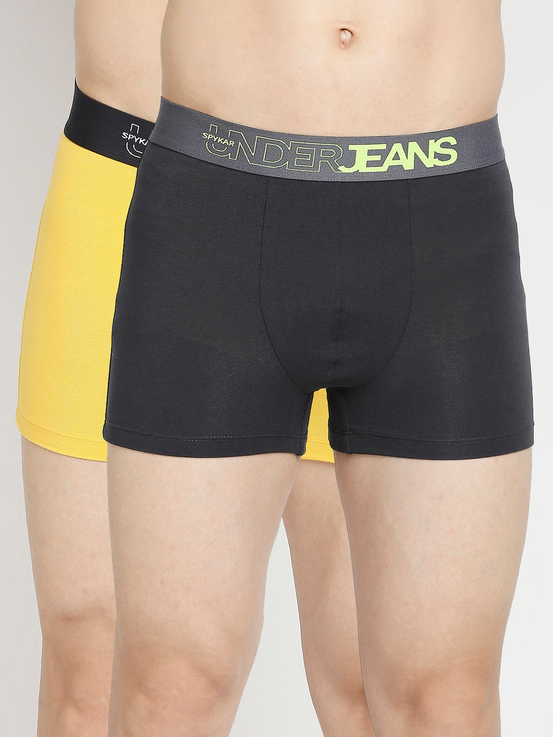 Men Yellow & Dark Grey Cotton Blend Trunk - Pack Of 2- Underjeans By Spykar