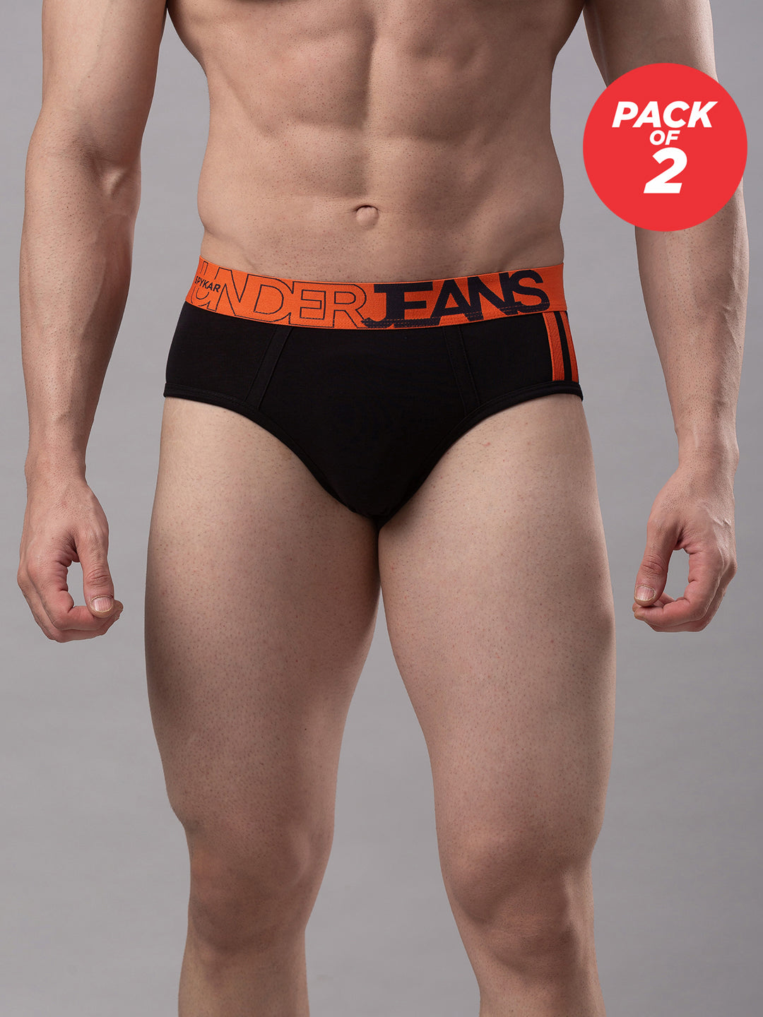 Men Cotton Blend Black-Orange Brief - (Pack Of 2)- Underjeans By Spykar