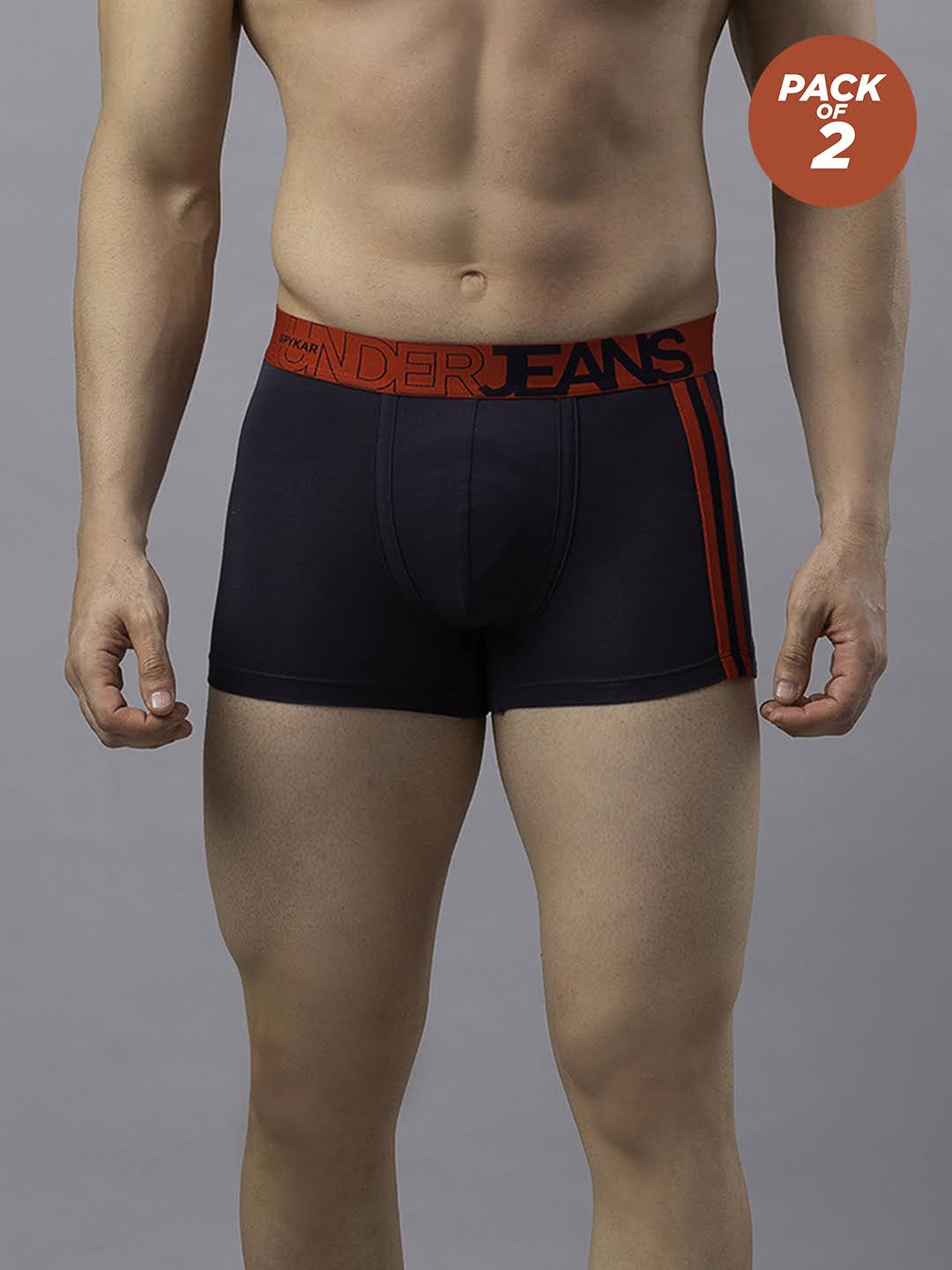 Men Cotton Blend Grey-Red Trunk - (Pack Of 2)- Underjeans By Spykar