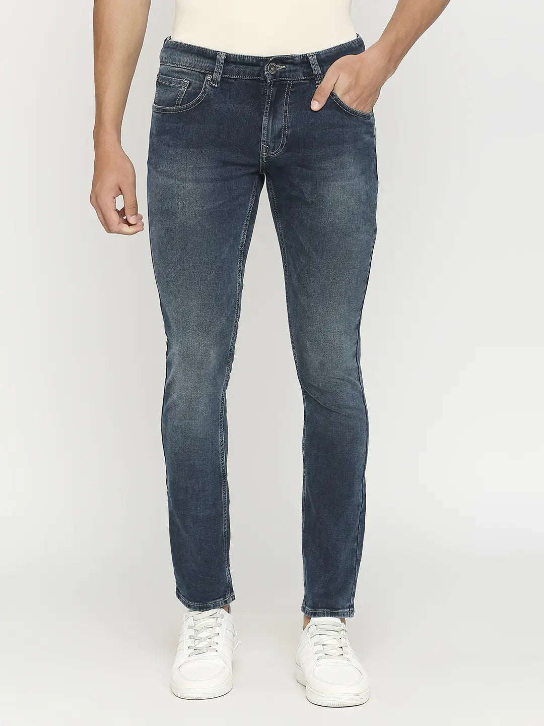 Spykar Men Dark Blue Cotton Slim Fit Narrow Length Clean Look Low Rise Jeans - (Skinny)