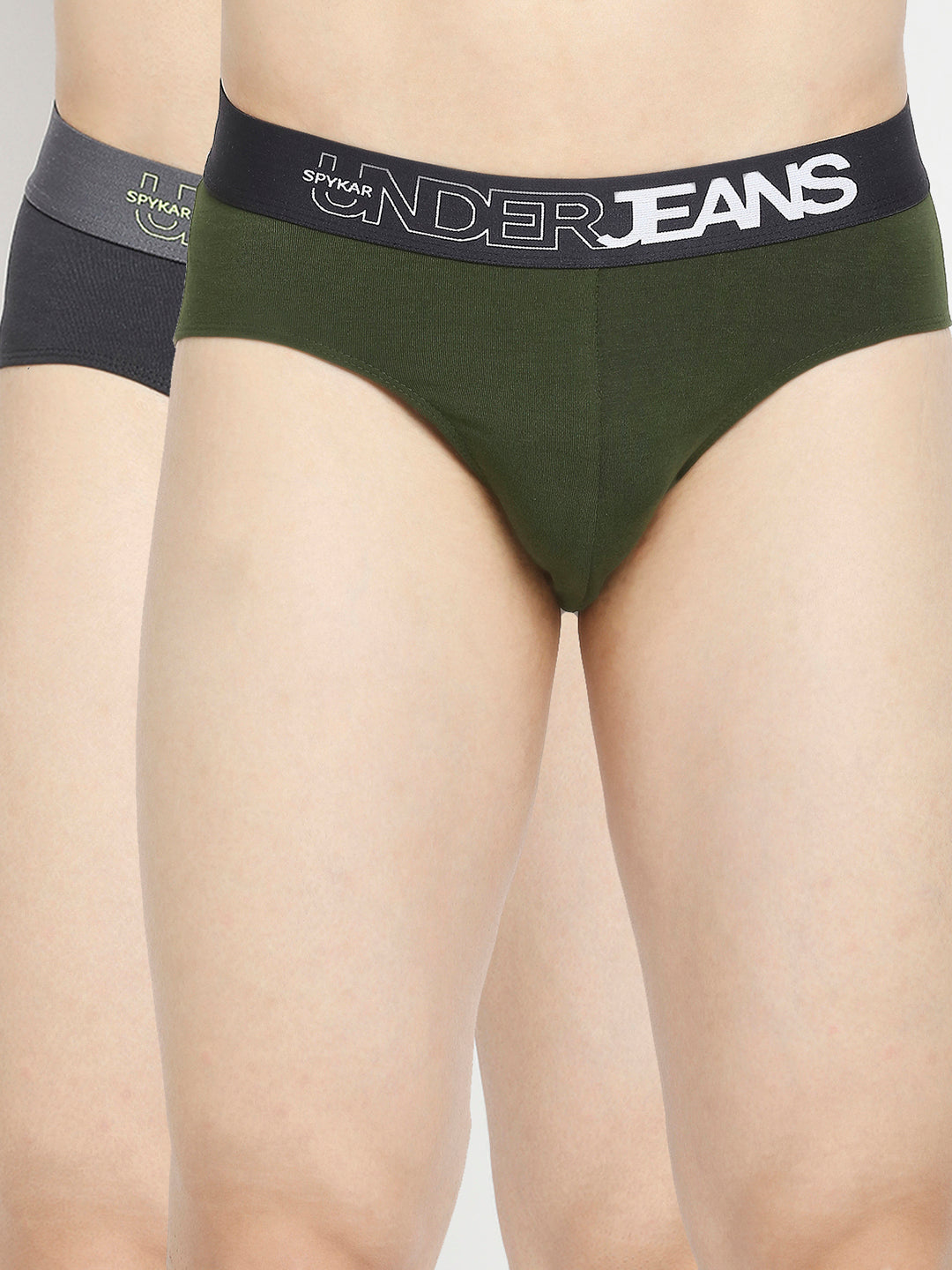 Men Dark Grey & Olive Cotton Blend Brief - Pack Of 2- Underjeans By Spykar