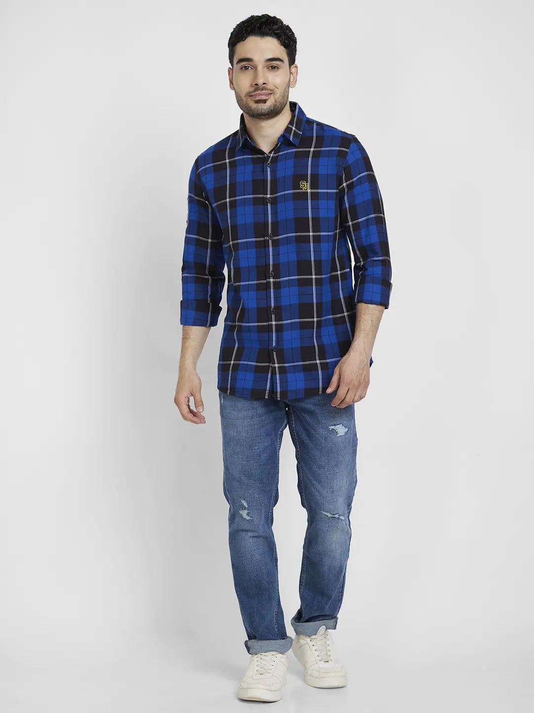 Spykar Men Nautical Blue Cotton Regular Slim Fit Full Sleeve Checkered Shirt