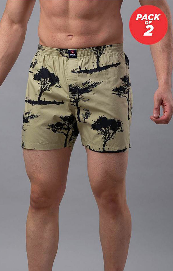 Beige Cotton Boxers For Men - (Pack Of 2)- Underjeans By Spykar