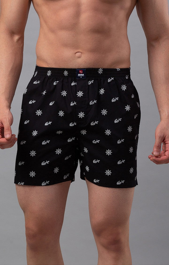 Black Cotton Boxers For Men - Underjeans By Spykar