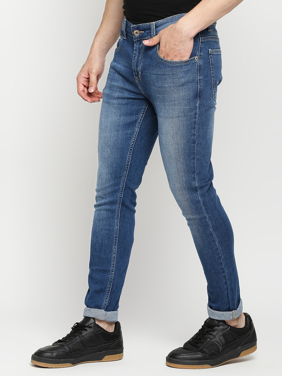 Spykar Mid Blue Cotton Super Slim Fit Tapered Length Jeans For Men (Super Skinny)
