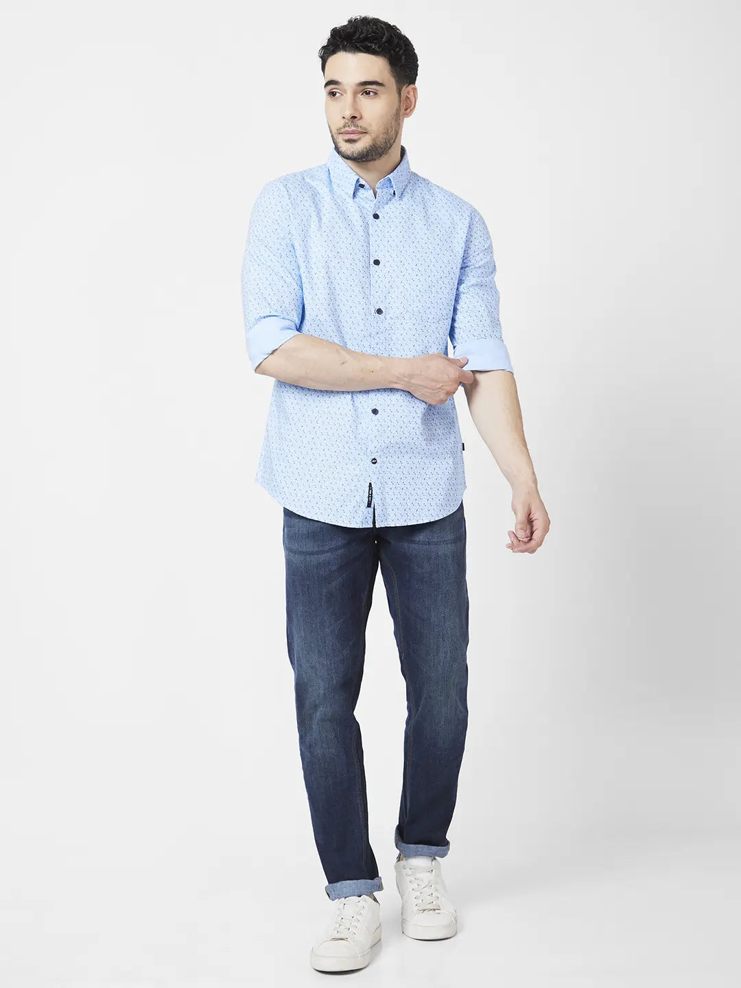 Spykar Men Sky Blue Cotton Regular Slim Fit Full Sleeve Plain Shirt