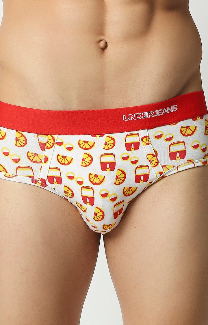 Men Red Cotton Blend Printed Brief- Underjeans By Spykar