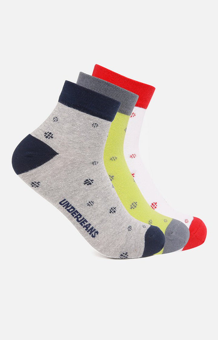 Men Grey Green White Ankle Length (Non Terry) (Pack Of 3) Socks- Underjeans By Spykar