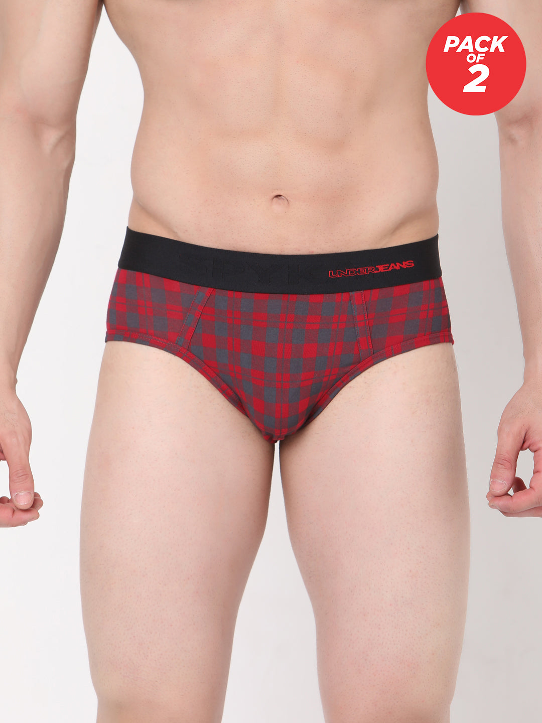 Men Cotton Blend Maroon-Check Brief - (Pack Of 2)- Underjeans By Spykar